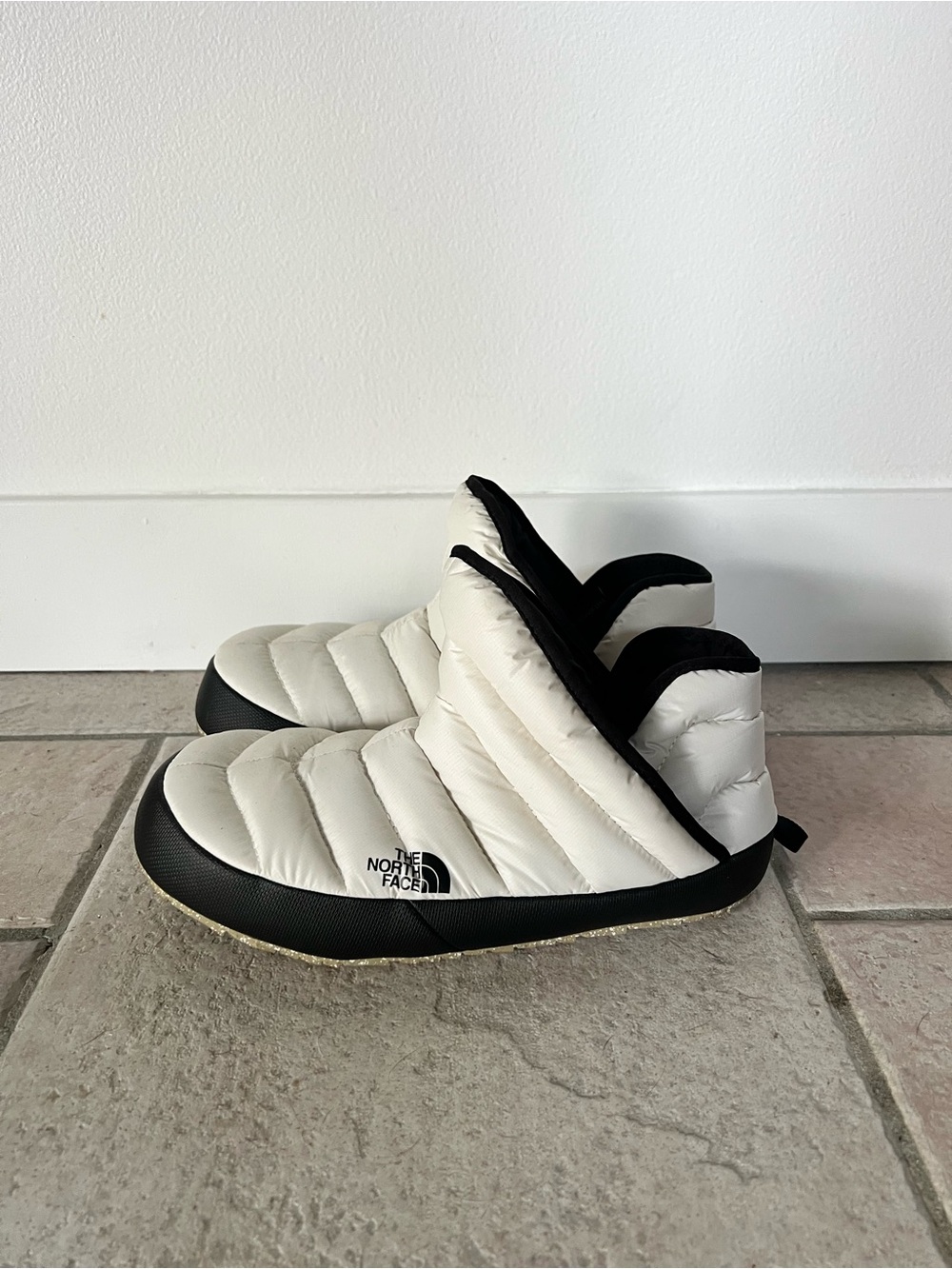 The North Face Thermoball Quilted Puffer Bootie Slippers in White and Black